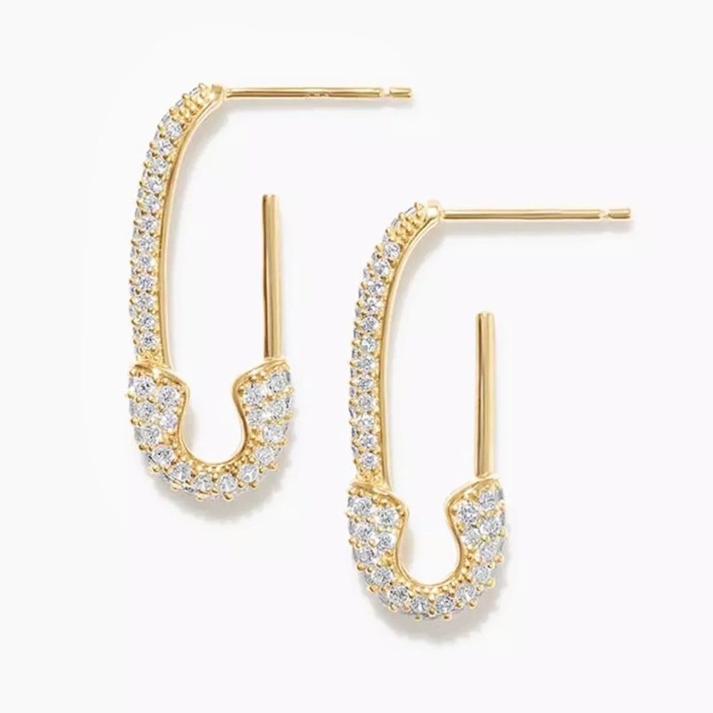 🆕 14k GP CZ Covered Safety Pin Dangle Earrings NWT